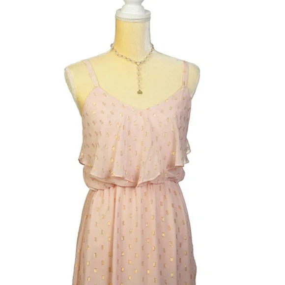 Maxi Blush/Gold Dress Spaghatti Straps Ruffled Front & Back Sz S - Picture 4 of 8